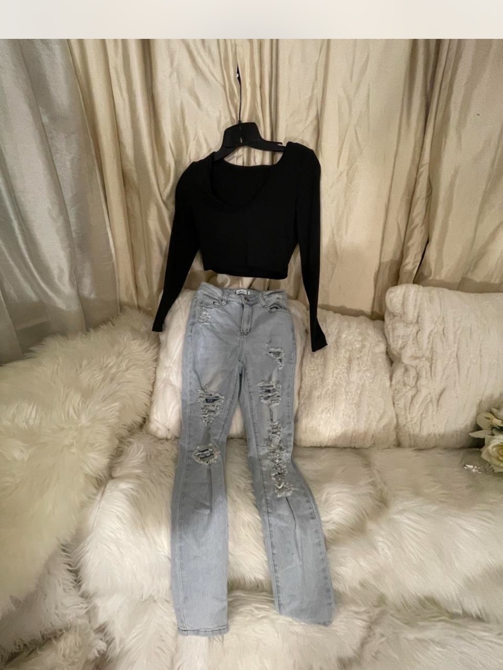 Rue 21 & SHEIN Light Gray Distressed Flare Jeans and cropped top